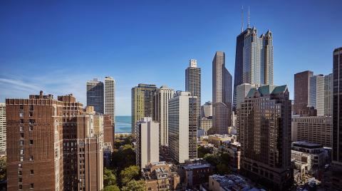 A view of Chicago skyscrapers from a room at Viceroy Chicago