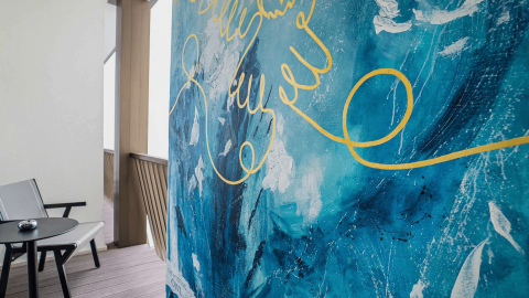 A large piece of canvas abstract art on a balcony at Viceroy Nopaonik Serbia