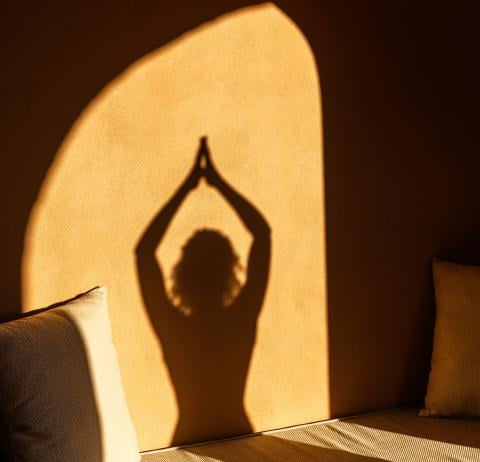 The shadow of a person doing a yoga pose on a stone wall