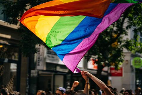 A large pride flag for WorldPride 2025