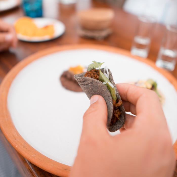 person holding a small taco above a plate
