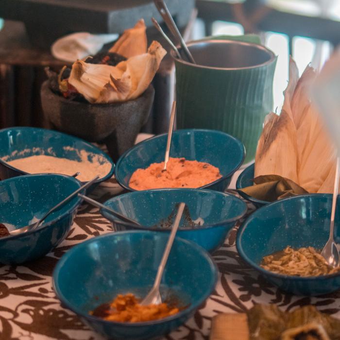 table full of blue bowls