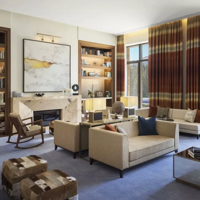 The Library, an airy lounge at Viceroy Kopaonik Serbia, with ample seating and mountain views