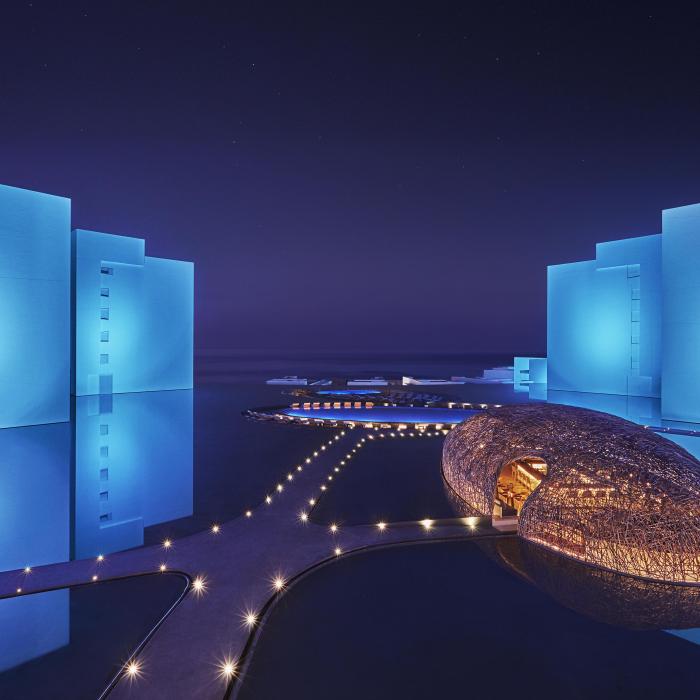 An aerial view of the Nido nest at night