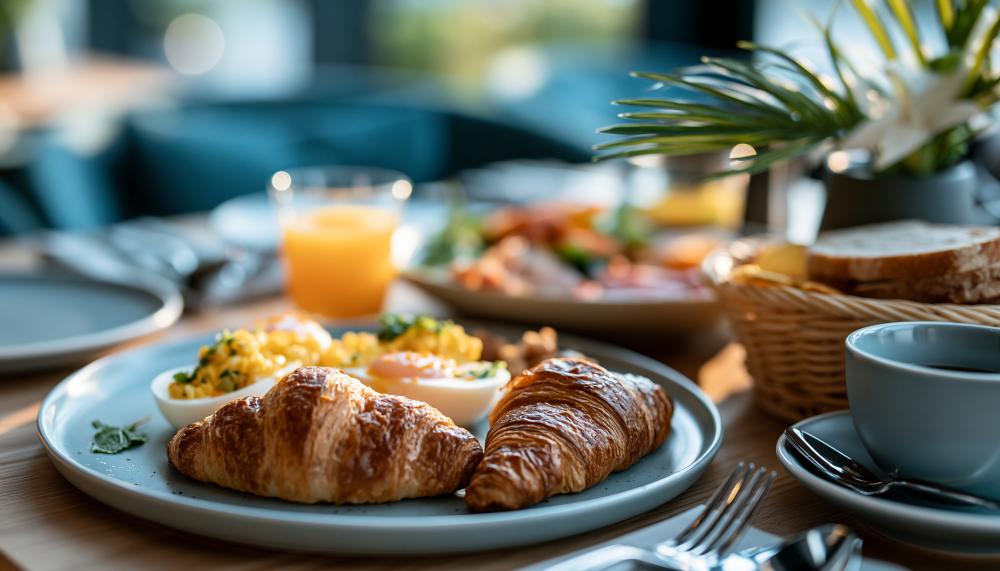 Um prato com vários alimentos para o pequeno-almoço.