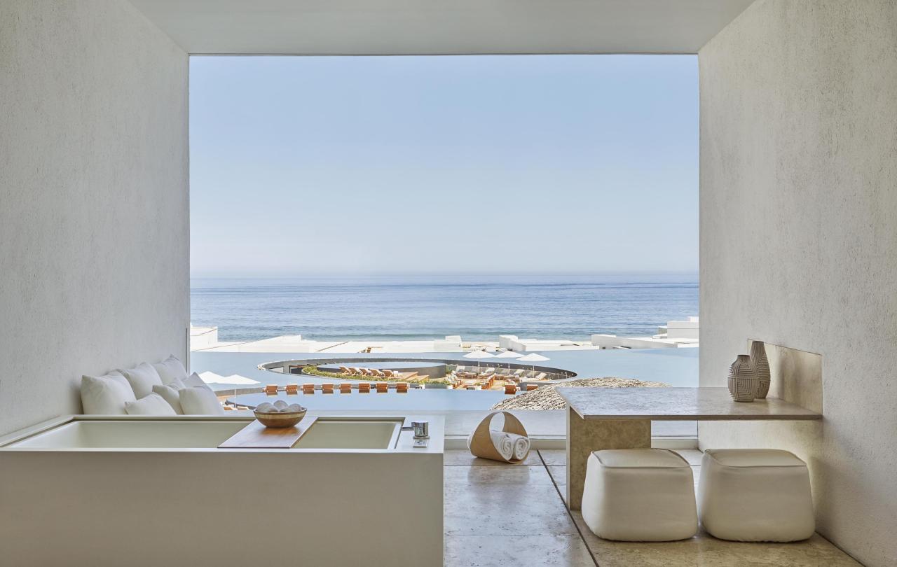 view of interior seating area with window to exterior pool view