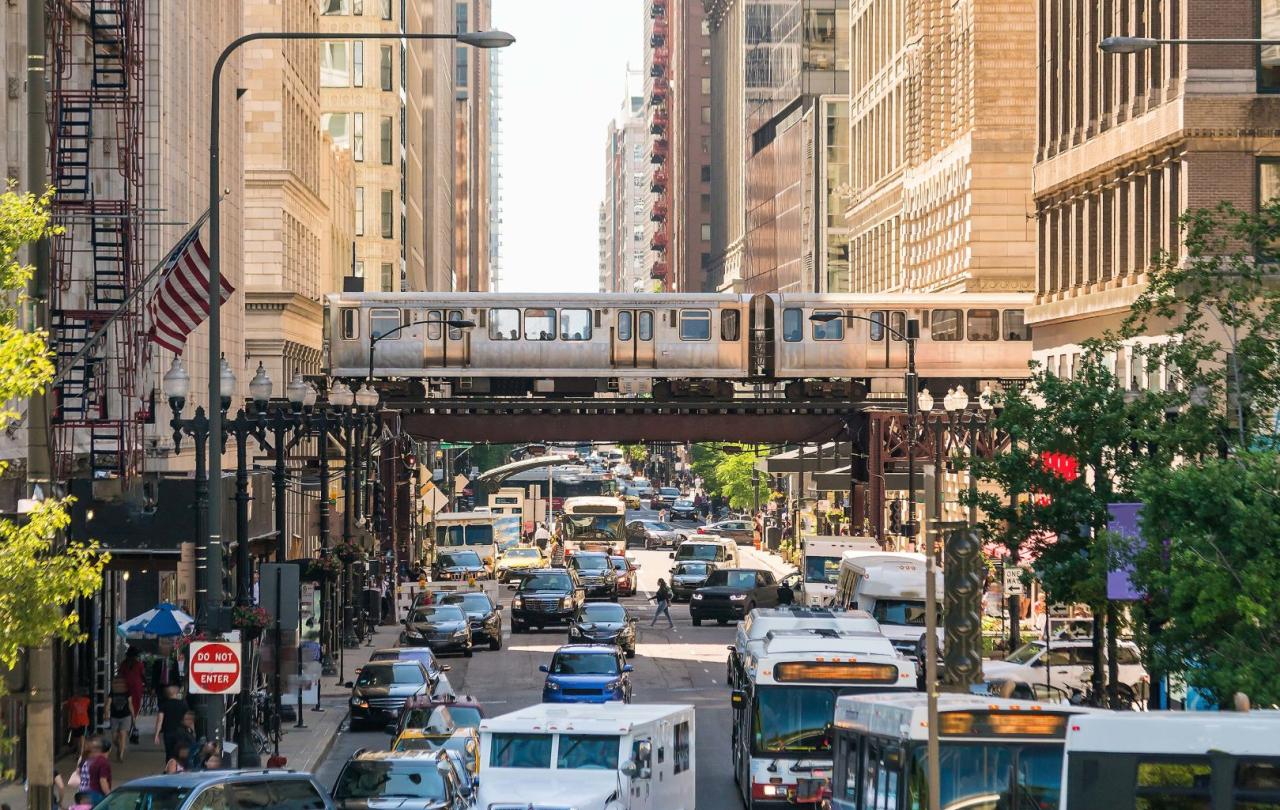 The L train above the streetscape in downtown Chicago