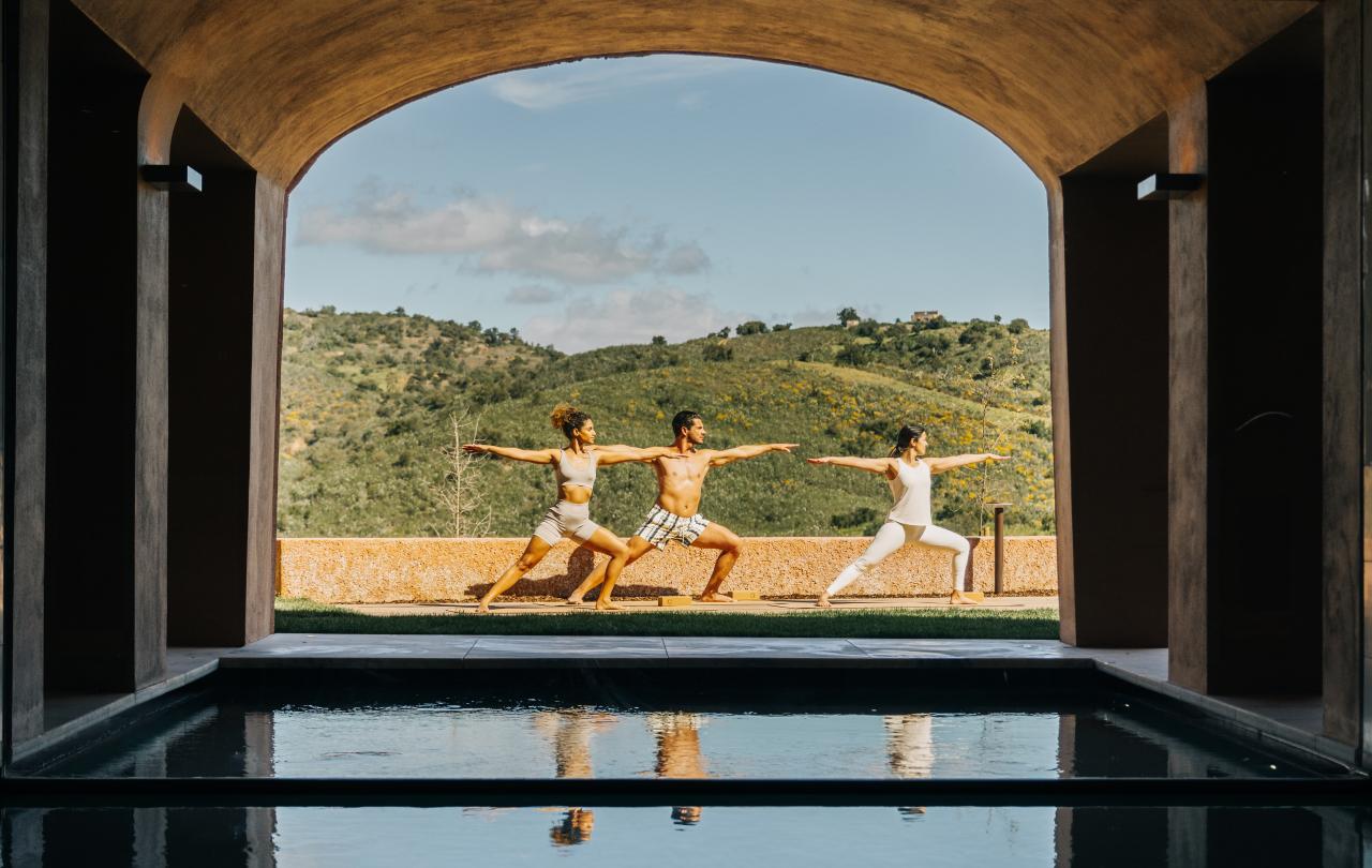 Um grupo a fazer uma postura de ioga num pátio, refletido numa piscina interior através de um arco.