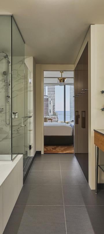 interior view of bathroom in Deluxe Lake View King room at Viceroy Chicago