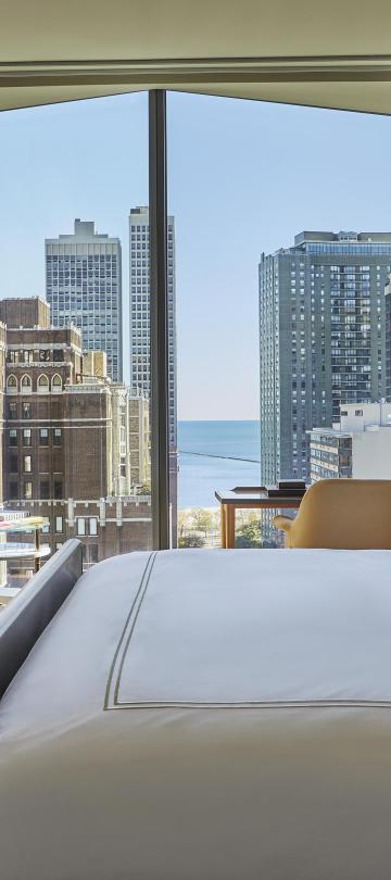 interior view of Deluxe Lake View King room at Viceroy Chicago