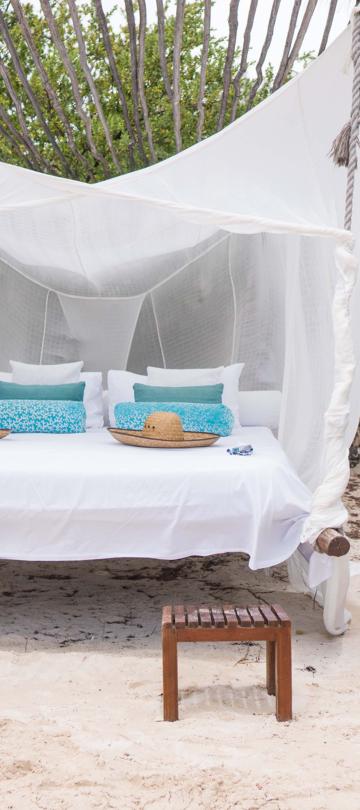 dog stands in small cabana next to a white cabana