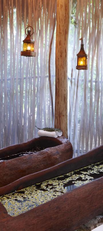 two hollow logs filled with water in thatched hut