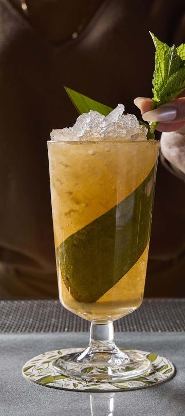 Bartender adding mint garnish to a cocktail