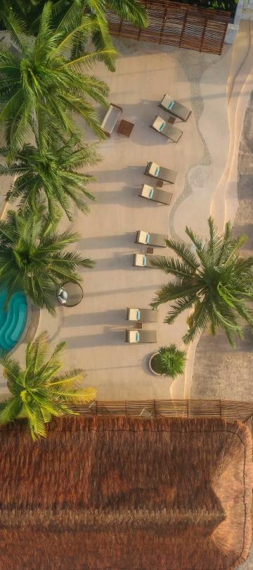 aerial of the beach and pool area