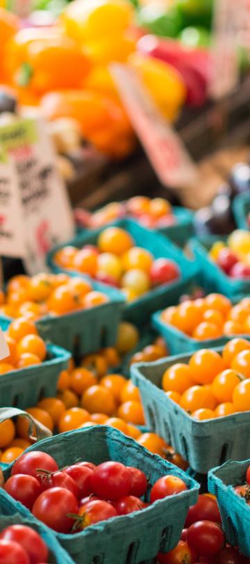 Bushels of tomatos at a stand at the farmers market