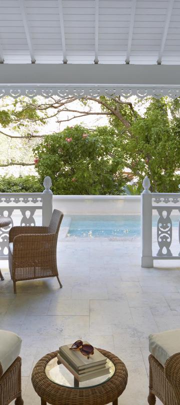 covered patio with ample seating options
