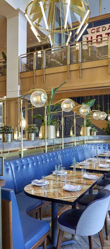 The dining room of Sommerset, Viceroy Chicago, with large blue benches and a wall-to-wall bar