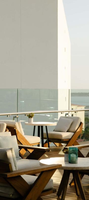 An empty Cielomar Rooftop patio ready for an event at Los Cabos
