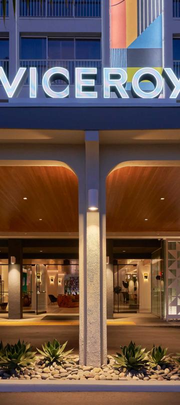 The entrance of Viceroy Santa Monica at night