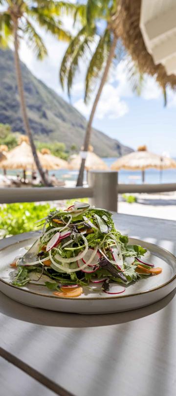 A salad on a patio table overlooking the beach at Bonté