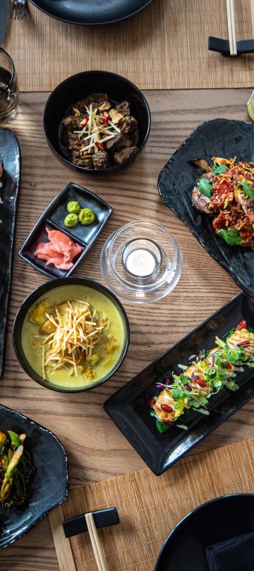 An overview of an assortment of dishes from The Cane Bar