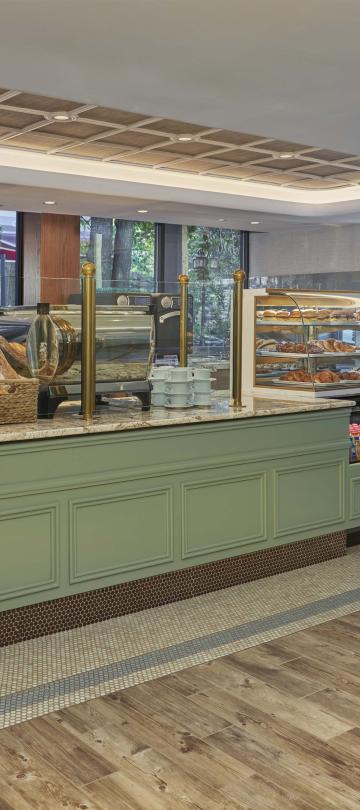The bar at BPM Coffee & Wine and surrounding shelves with provisions