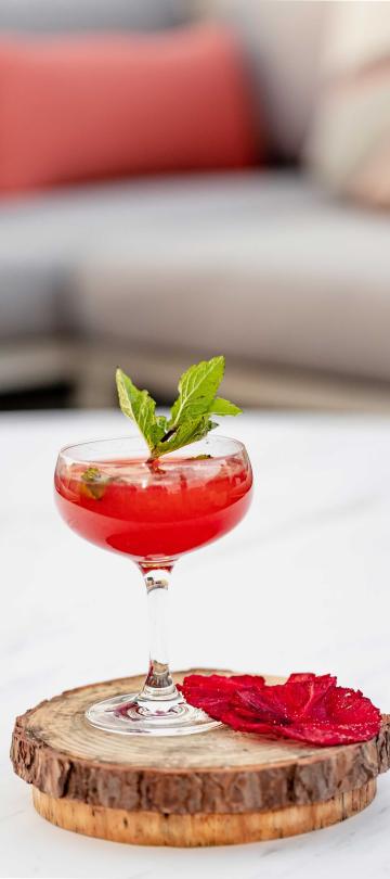 A bright red cocktail with a mint garnish, served on a slab of wood at Hush, the rooftop bar at Viceroy Washington DC