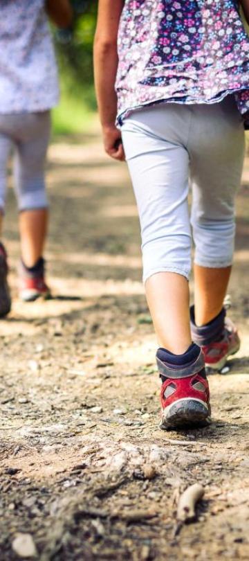 Two children with walking sticks hike along a path