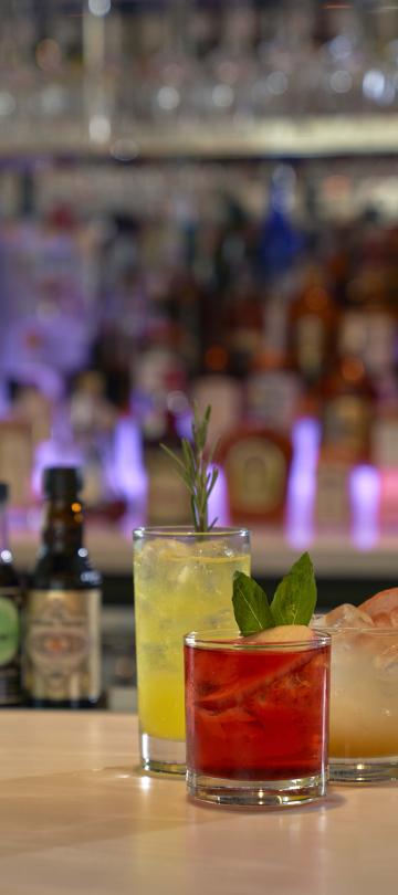 A trio of cocktails on the bar at Hotel Zena's Figleaf restaurant
