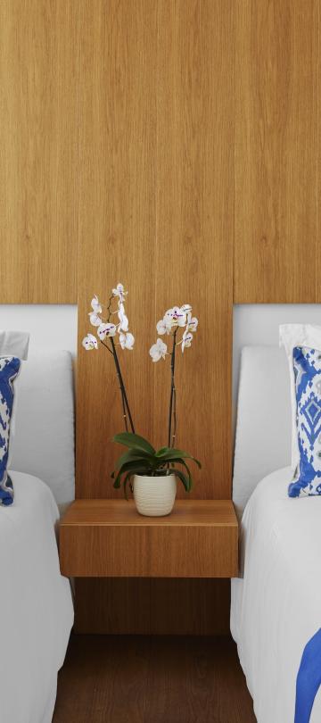 two beds with white and blue bedding separated by bedside table with potted flower