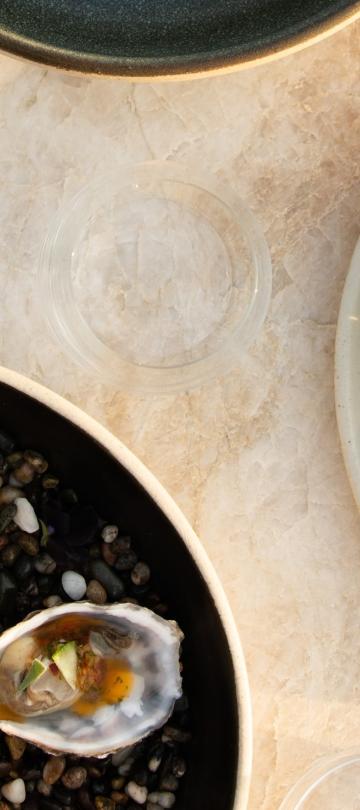 oysters and seafood dishes plated on marble counter