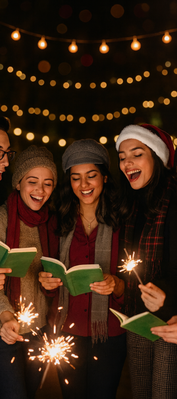 Carolers holding books and sparklers
