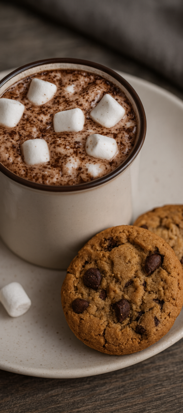 A hot chocolate with mini marshmallows on a plate with two cookies