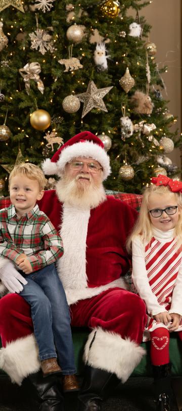 Two kids with Santa in front of a Christmas tree