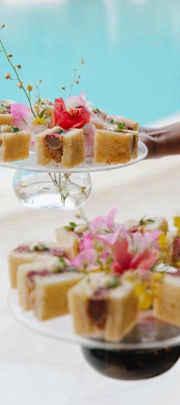 De beaux sandwichs présentés sur un plateau avec un fond représentant une piscine