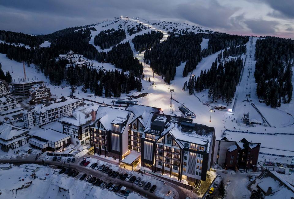 An aerial view of Viceroy Kopaonik Serbia, with the ski slope behind it