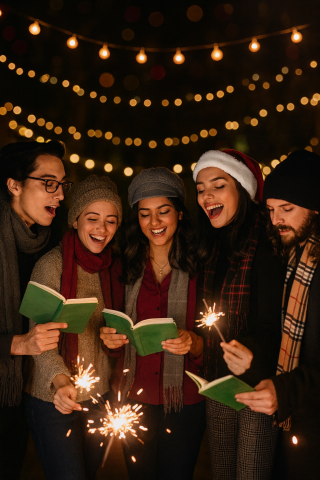 Carolers holding books and sparklers