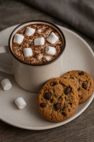 A hot chocolate with mini marshmallows on a plate with two cookies