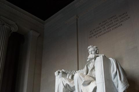 a gray scale image of the Lincoln Memorial interior 