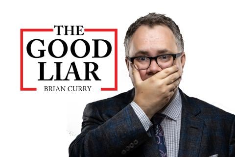 Brian Curry with The Logo Liar Logo covering his mouth