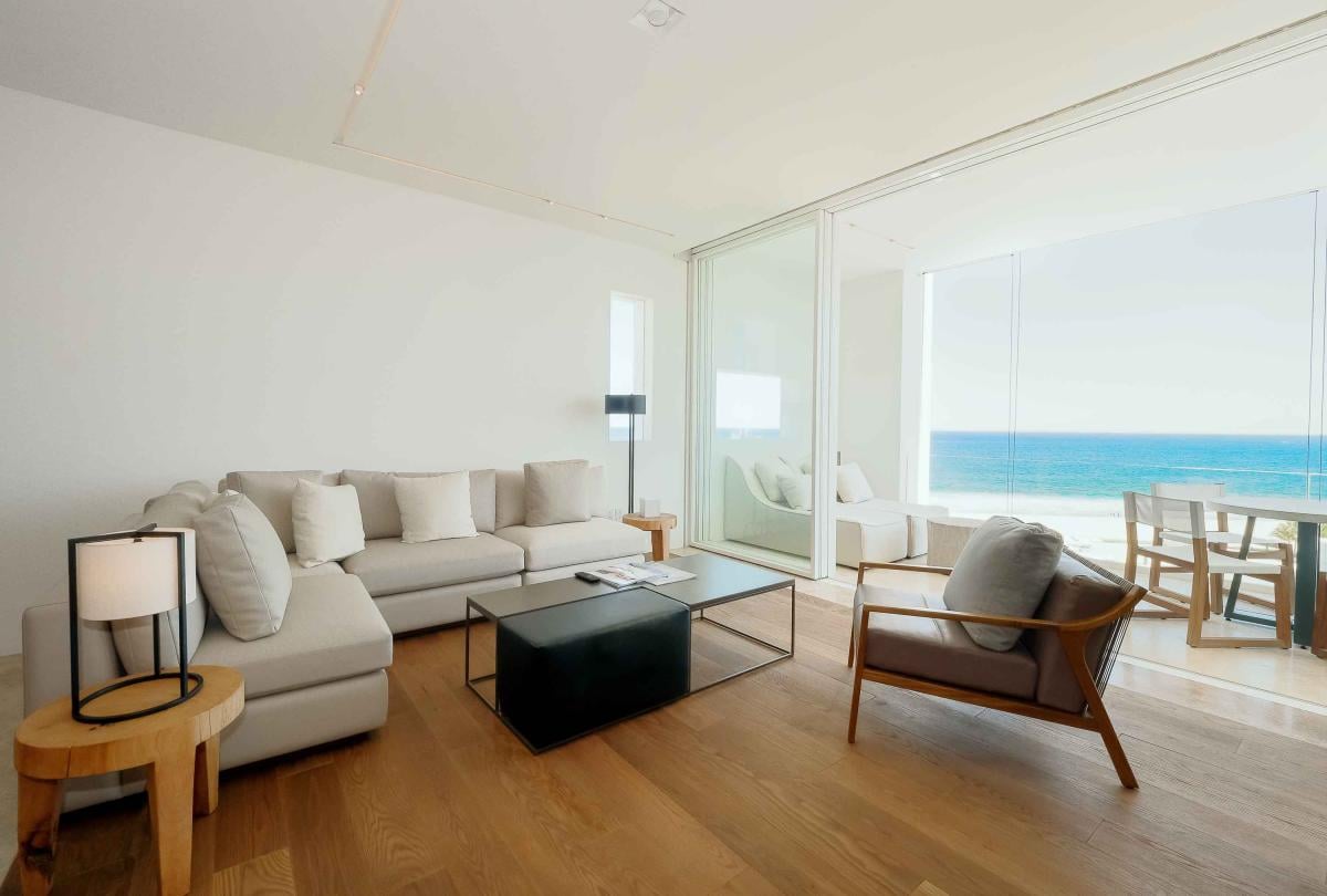 los cabos ocean view living room sofa, chair and coffee table