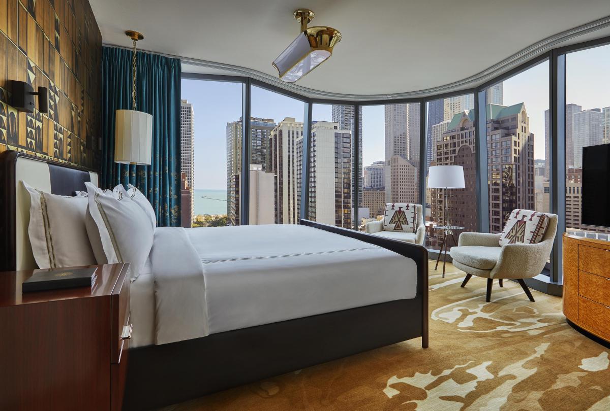 Bedroom with floor to ceiling windows