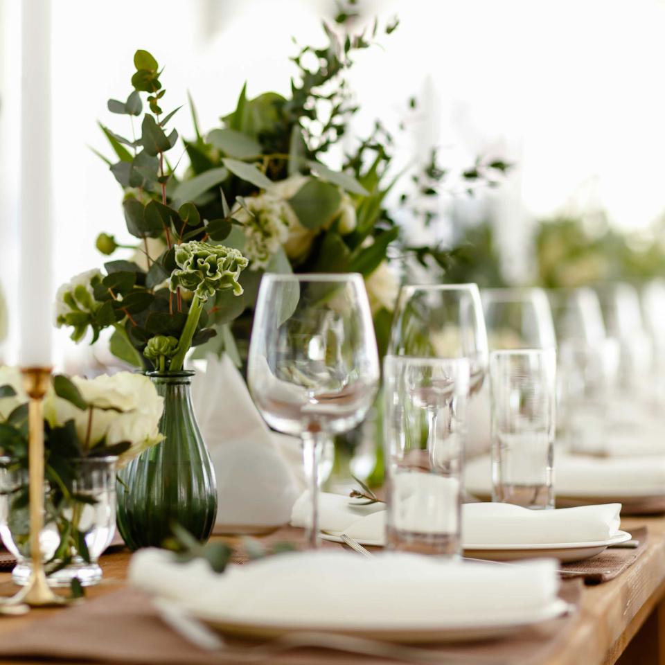 dinner table set for wedding reception