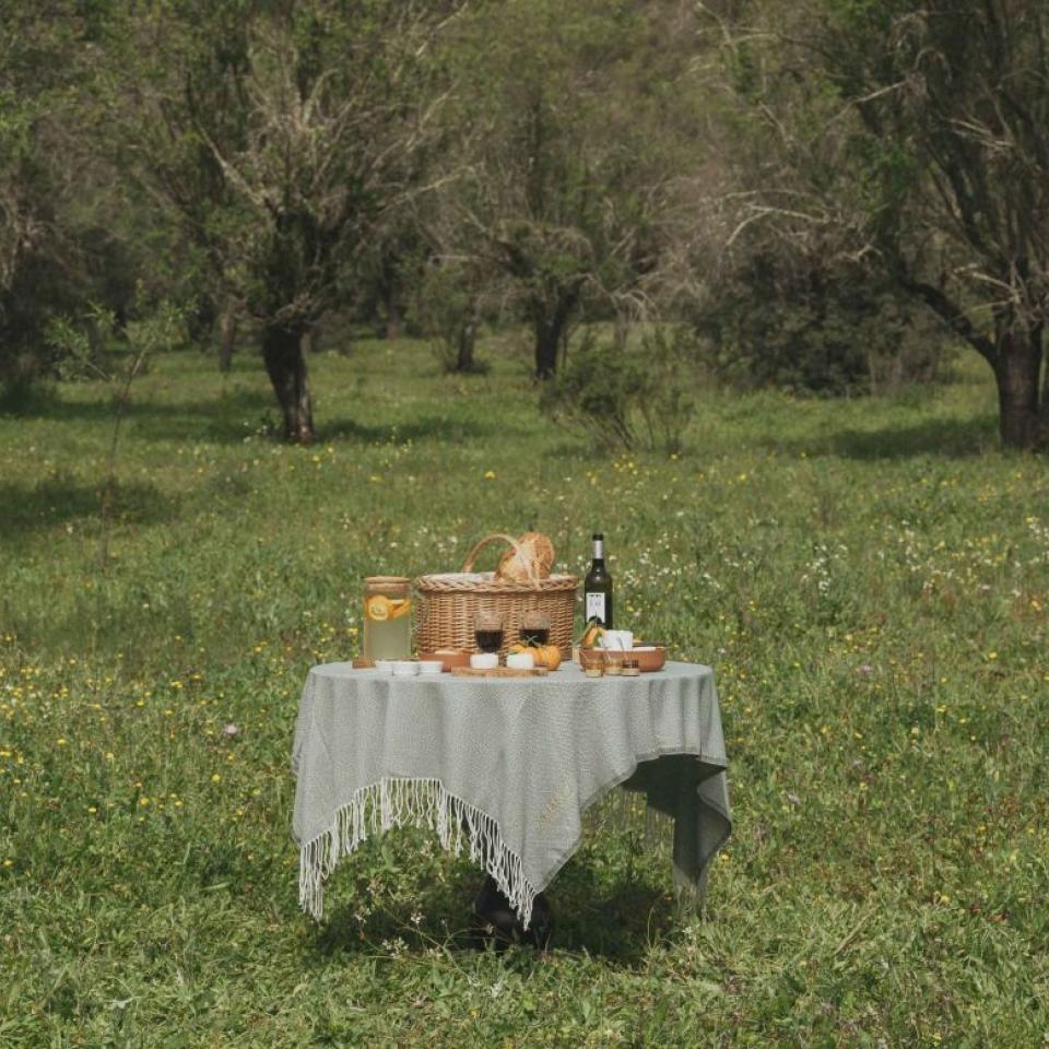 An outdoor picnic table topped with wine and food, with a white tablecloth