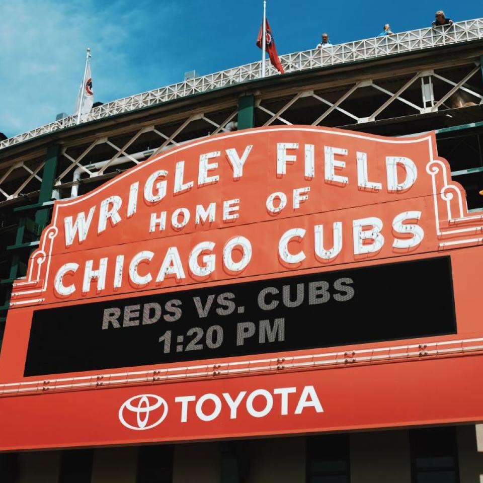 The Wrigley Field sign at the exterior of the Chicago ballpark
