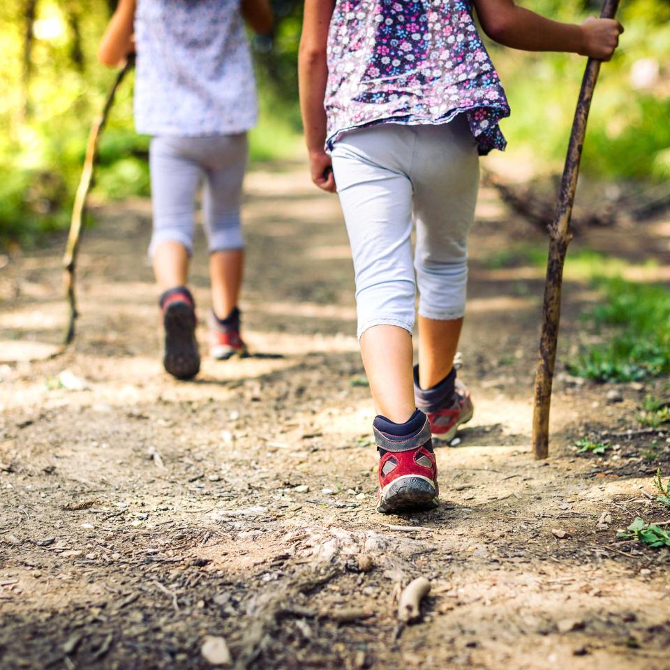 Two children walk with sticks on a trail