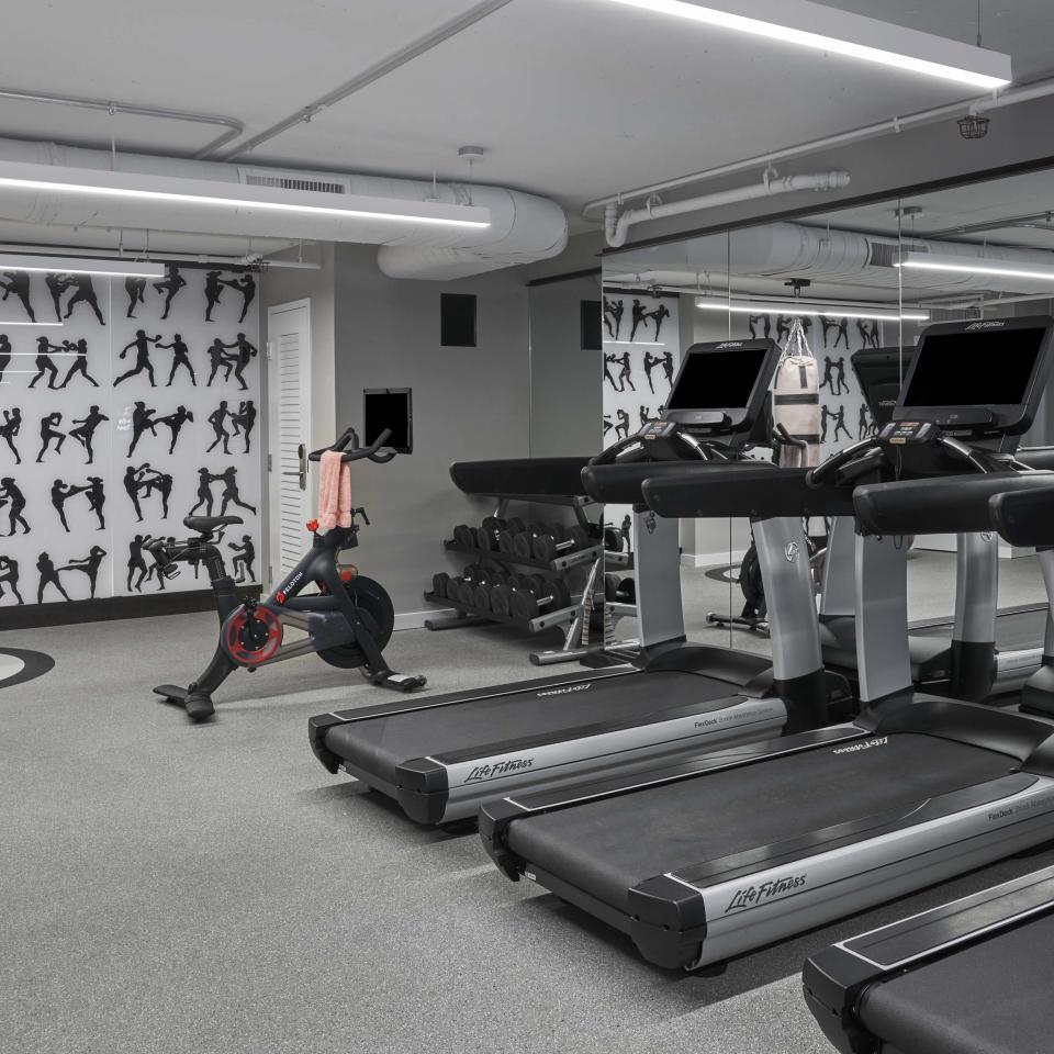 An empty gym with treadmills, free weights, punching bag, and a bike at Viceroy Zena Washington