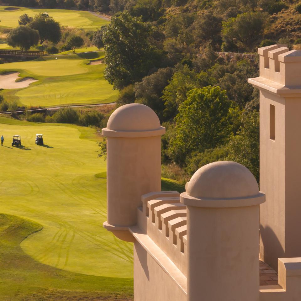 Looking down at the golf course from the castle-like towers of Viceroy's Ombria Algarve resort.