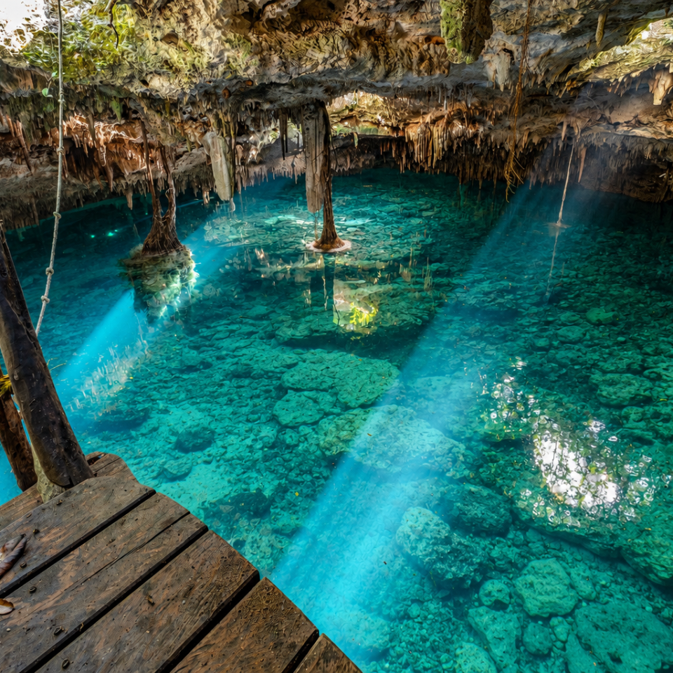 La lumière du soleil pénètre dans un cénote aux eaux turquoise cristallines, illuminant les formations rocheuses et les stalactites.