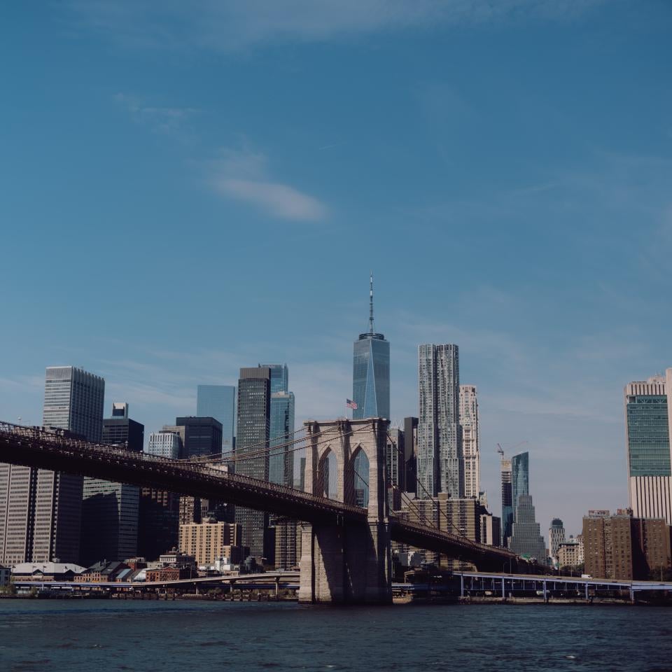 A view of the New York City harbor and bridge